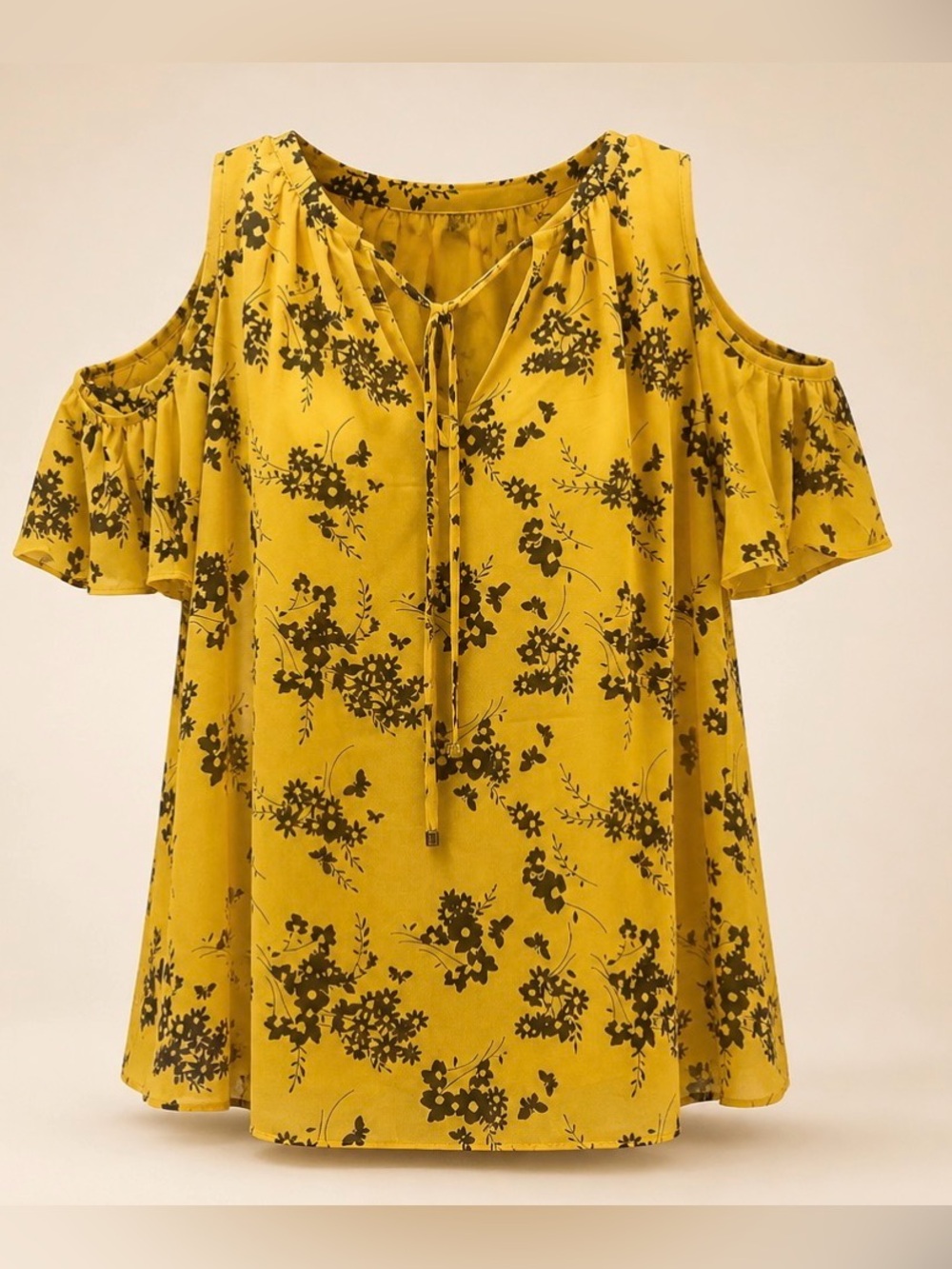 Michael Kors Mustard Yellow Cold-Shoulder Floral Top